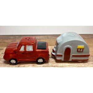Truck & Camper Salt & Pepper Shaker Set Hand Painted Ceramic Design Red & Gray
